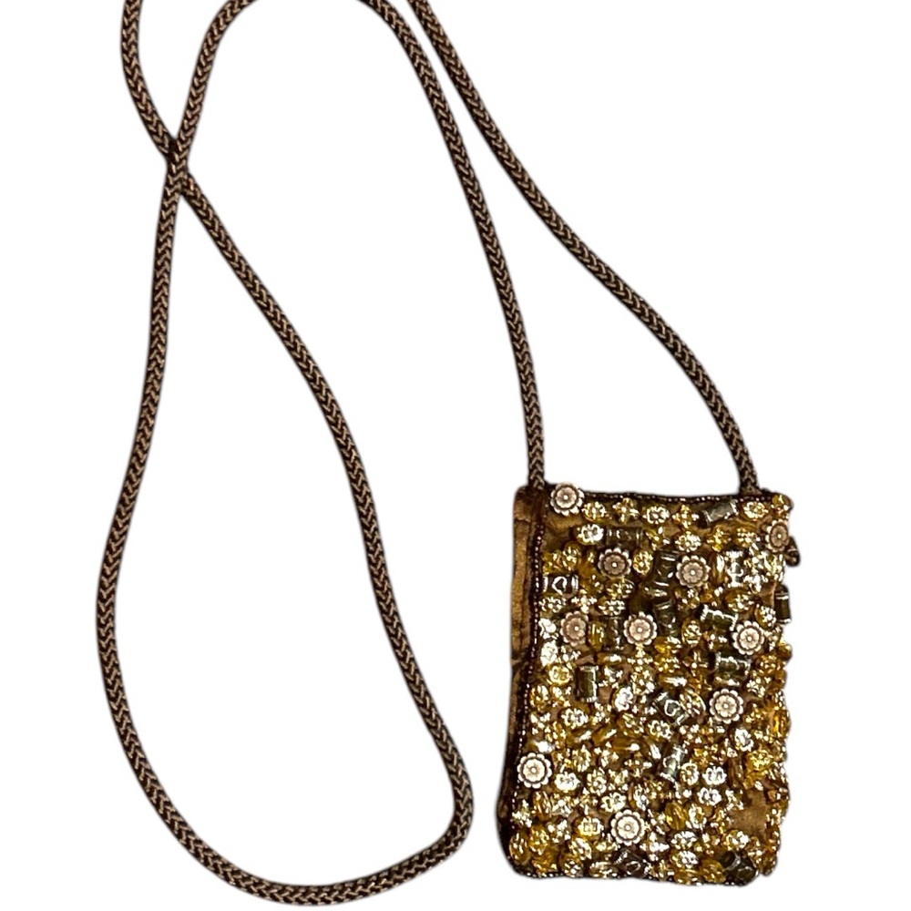 Small Handmade Brown Beaded Evening Bag 3x4" w Braided Shoulder Strap - Picture 2 of 8